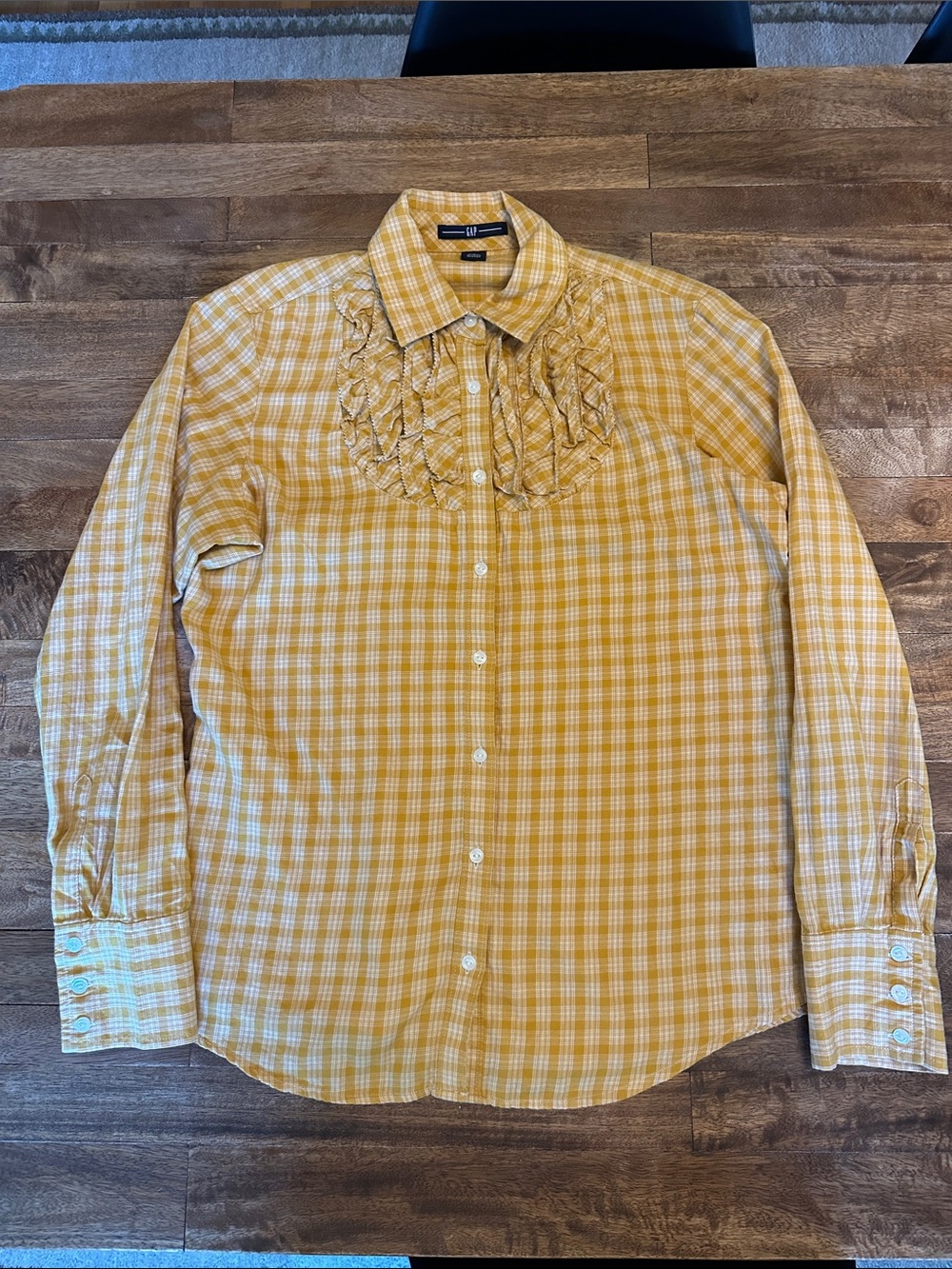 GAP Yellow Plaid Women's Button-Down Shirt with Ruffle Front